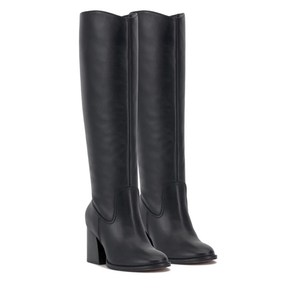 Vince Camuto Leila Black Leather Knee High Block Heel Boots Womens Size 7.5M